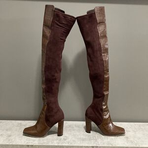 Aldo Flex Chocolate Brown Faux Croc Leather & Suede Thigh High Boots SZ 7.5